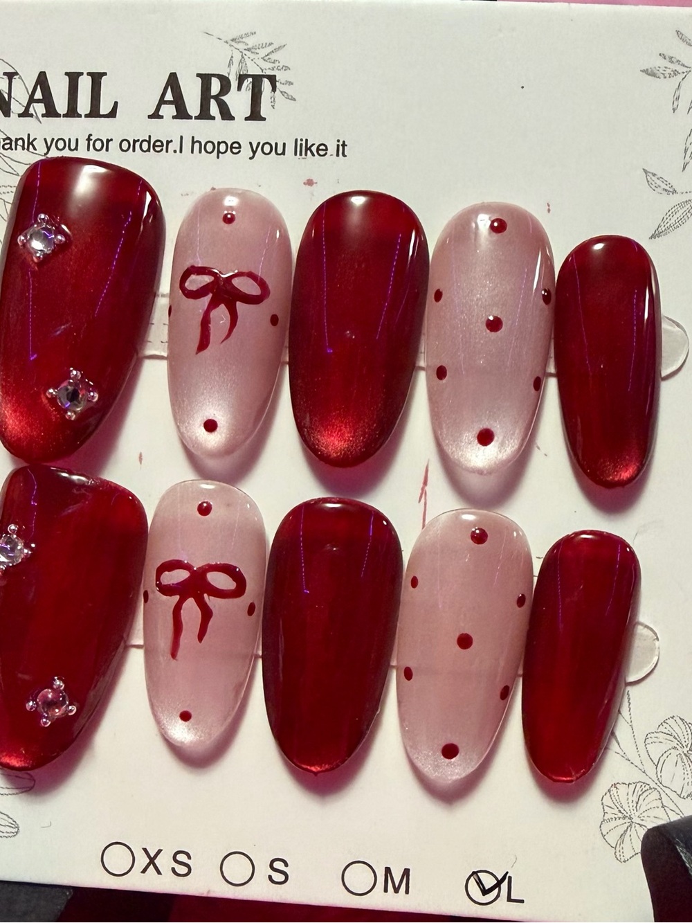 Red & Light Pink Press-On Nail Set with Bow and Dot Accents
